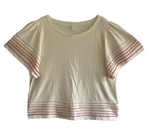 Tribal Brand Top Ivory Flutter Shortsleeve Colorful Seam Embroidered Boho Large